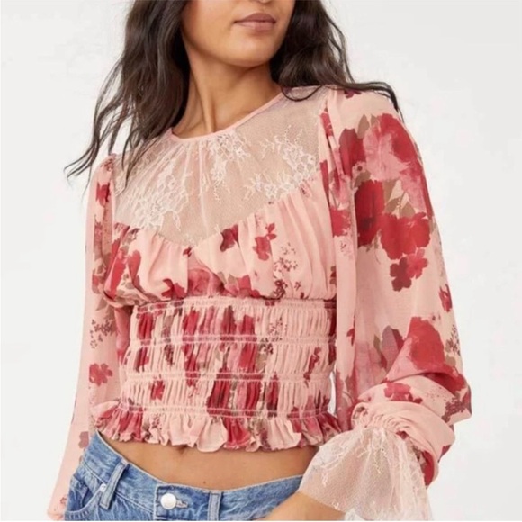 NEW Free People Daphne Blouse Floral Small S Pink Lace - Picture 1 of 13